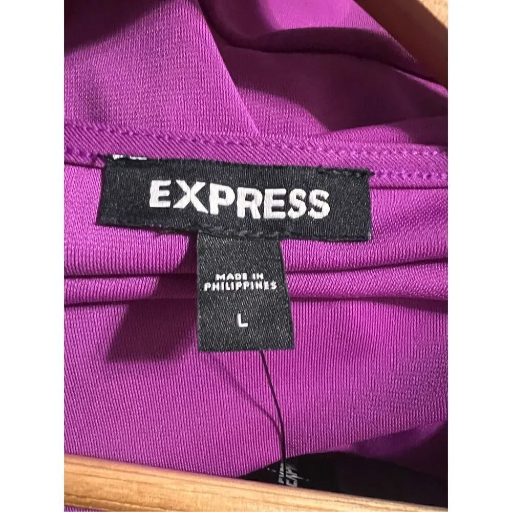 Express L Draped V-Neck Strong Shoulder Mini Dress Magenta Purple Asymmetrical - Picture 8 of 9
